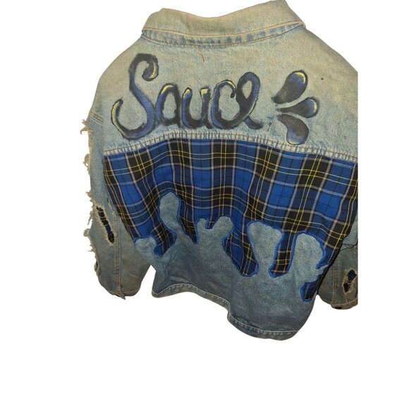 Custom Vintage Denim Jacket Trucker Size L Sauce Blue Plaid Drip Rizz Ripped - Picture 5 of 11